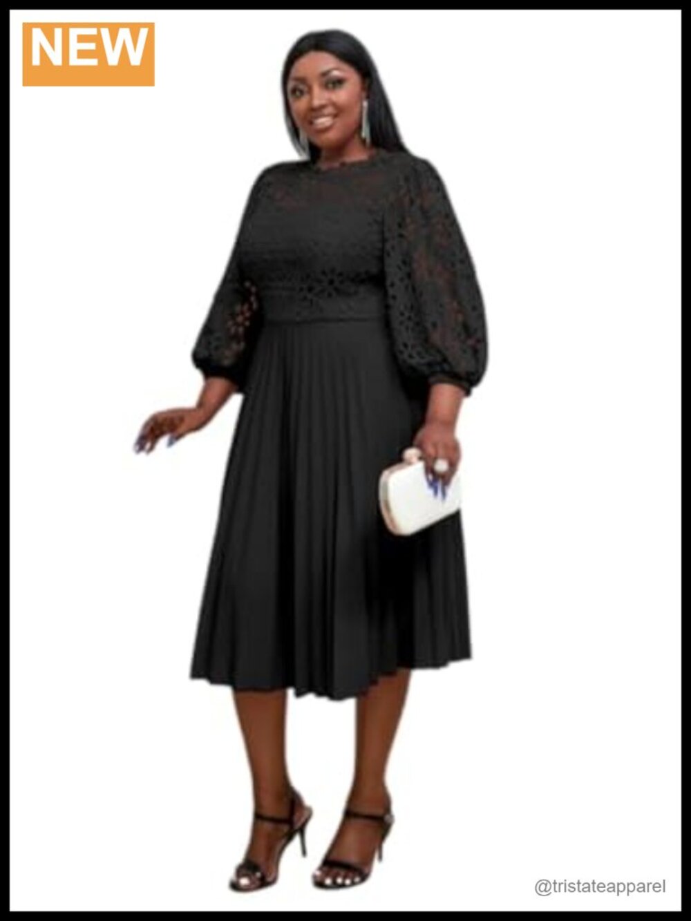 Lace Patchwork A-line Midi Pleated Dress Lantern Sleeve Wedding Guest